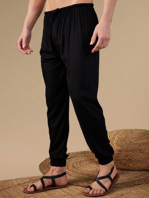 Sanwara Men's Fusion Wear Solid Black Rayon Jogger Pant