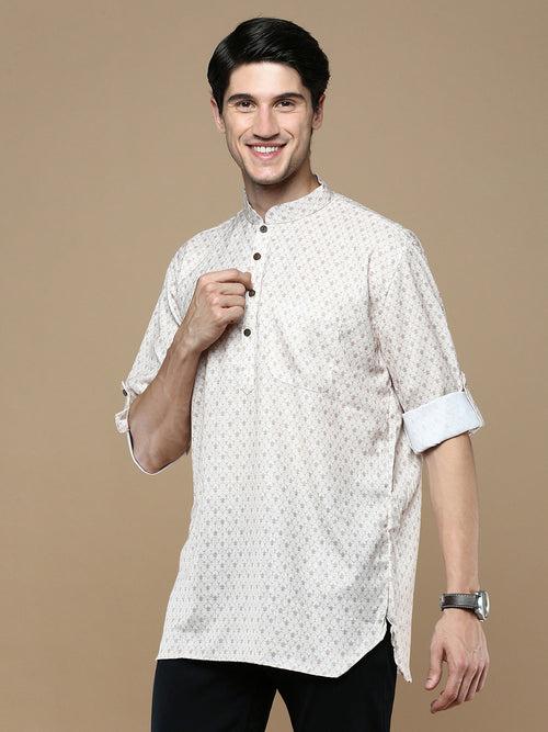 Sanwara Men's Cotton Beige Printed Trendy Stylish Short Kurta