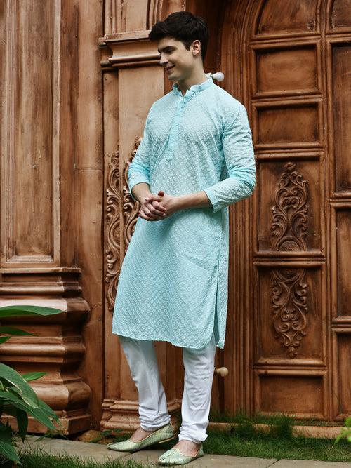 Men's Solid Sea Green Chikankari Designer Cotton Kurta With Pyjamas by Sanwara