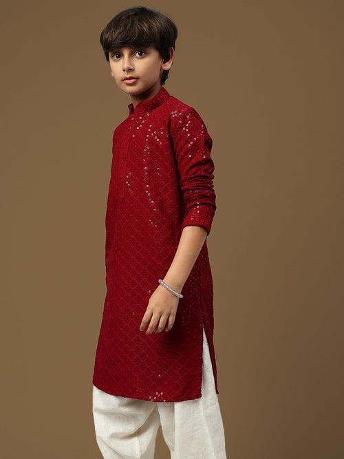 Dapper & Dazzling Boys Solid Maroon Chikankari With Sequins Party Wear Cotton Kurta By Sanwara