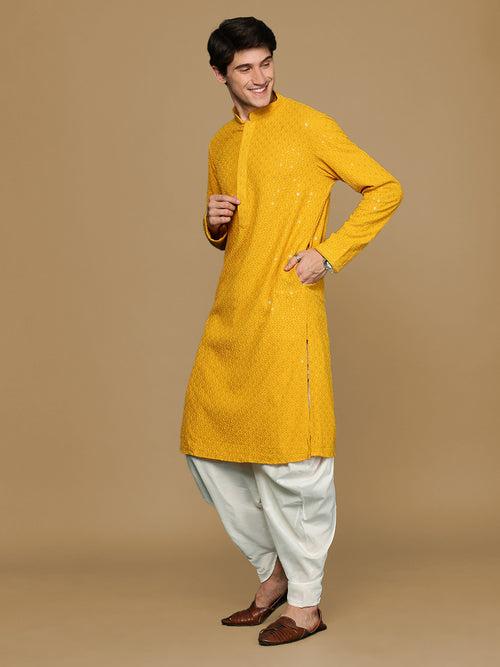 Sanwara Mustard Shimmering Elegance Men's Chikankari with Sequins Kurta Set