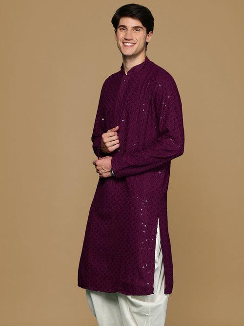 Sanwara Purple Shimmering Elegance Men's Chikankari Kurta with Sequins