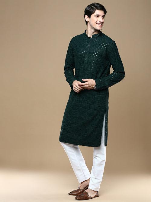 Sanwara Deep Green Shimmering Elegance Men's Chikankari with Sequins Kurta Set