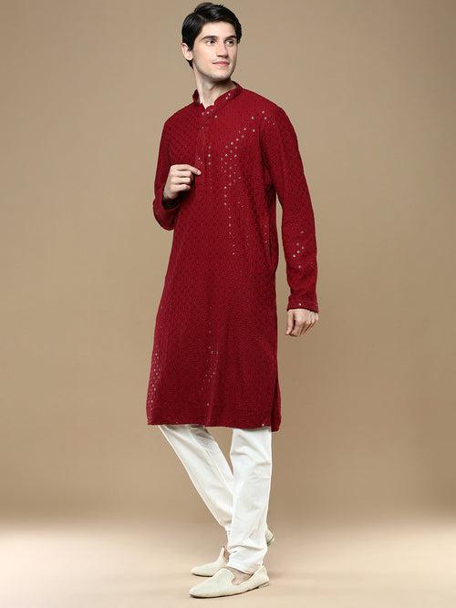 Sanwara Maroon Shimmering Elegance Men's Chikankari with Sequins Kurta Set