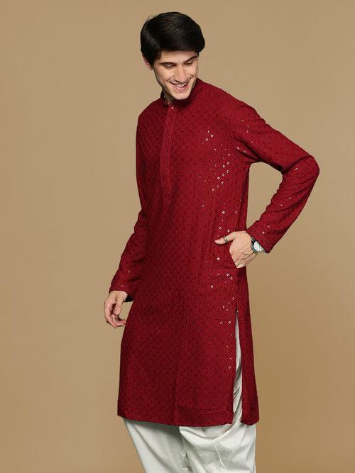 Sanwara Maroon Shimmering Elegance Men's Chikankari Kurta with Sequins