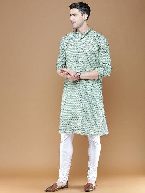 Men's Cotton Green Printed Cotton Summer Trendy Kurta Set