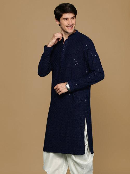 Sanwara Blue Shimmering Elegance Men's Chikankari Kurta with Sequins