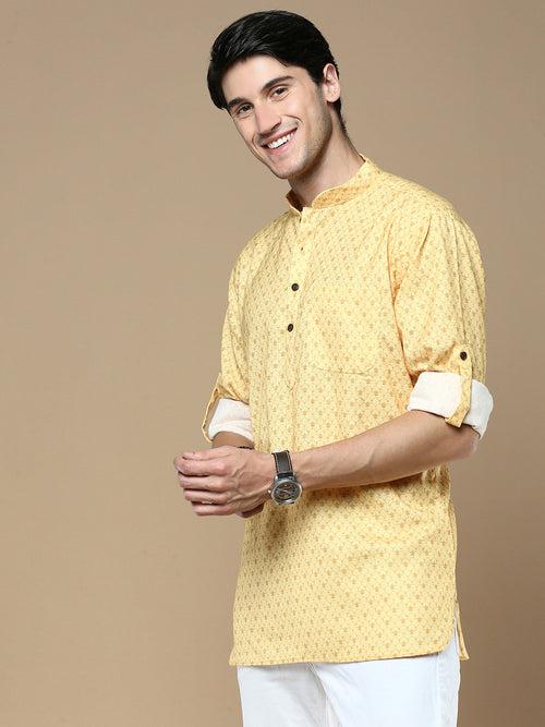 Sanwara Men's Cotton Light Yellow Printed Trendy Stylish Short Kurta