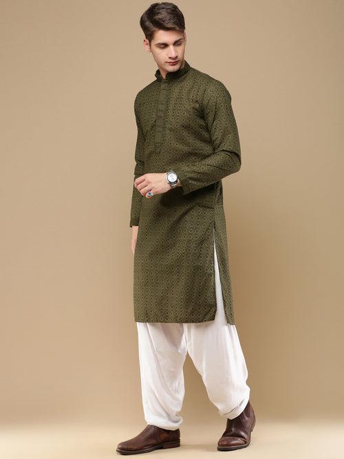 Unleash Your Style With Men's Mehandi Cotton Chikankari Designer Kurta Set by Sanwara