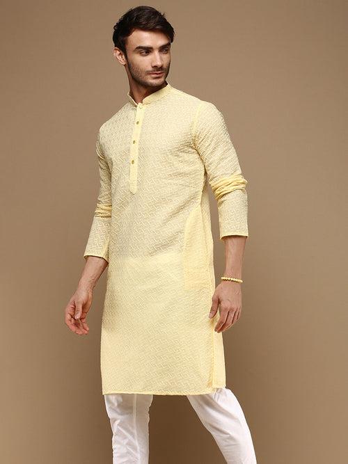 Unleash Your Style With Men's Solid Light Yellow Chikankari Cotton Kurta by Sanwara