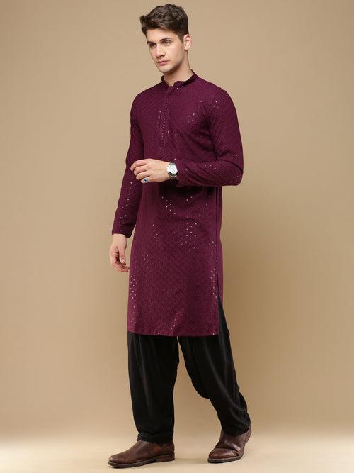 Unleash Your Style With Men's Wine Cotton Sequins Kurta Set by Sanwara