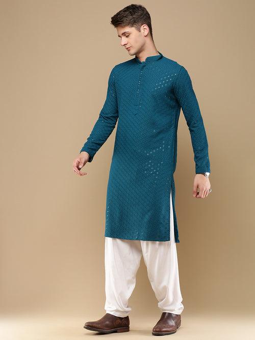 Unleash Your Style With Men's Deep Firozi Cotton Sequins Kurta Set by Sanwara