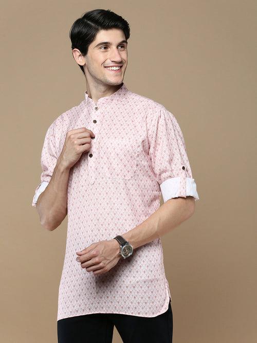 Sanwara Men's Cotton Pink Printed Trendy Stylish Short Kurta