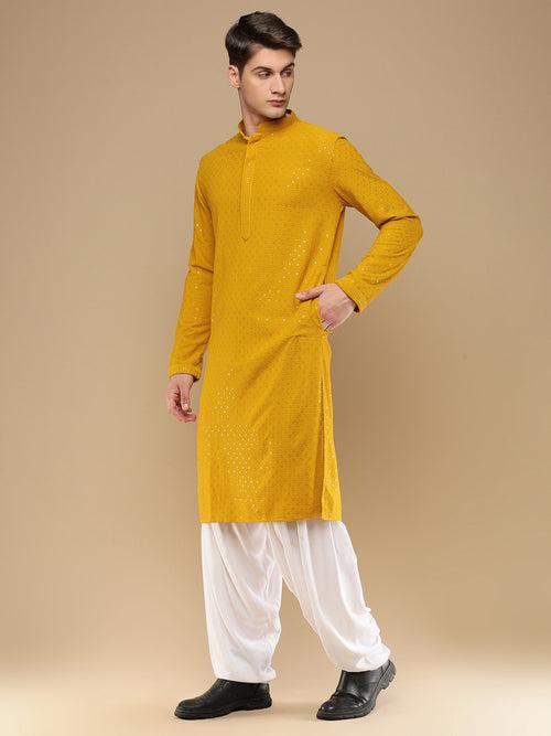 Unleash Your Style With Men's Mustard Cotton Sequins Kurta Set by Sanwara