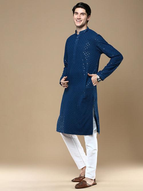 Sanwara Firozi Shimmering Elegance Men's Chikankari with Sequins Kurta Set