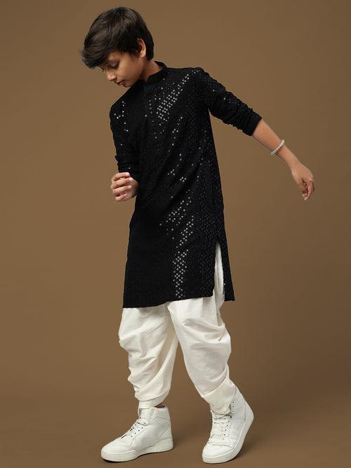 Dapper & Dazzling Boys Solid Black Chikankari With Sequins Party Wear Cotton Kurta Set By Sanwara