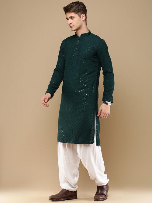 Unleash Your Style With Men's Deep Green Cotton Sequins Kurta Set by Sanwara