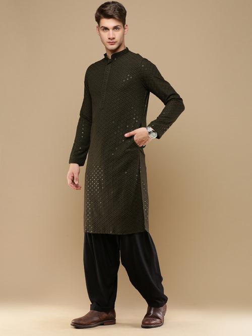 Unleash Your Style With Men's Olive Green Cotton Sequins Kurta Set by Sanwara