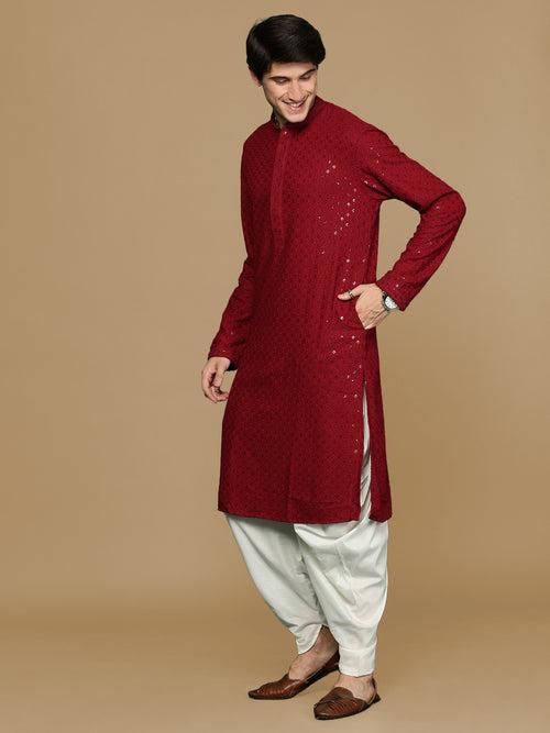 Sanwara Maroon Shimmering Elegance Men's Chikankari with Sequins Kurta Set