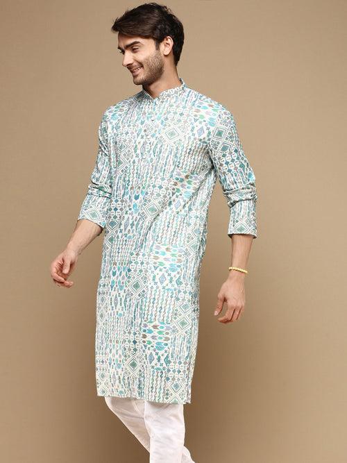 Sanwara Men's Trendy Motifs Firozi Printed Cotton Stylish Kurta