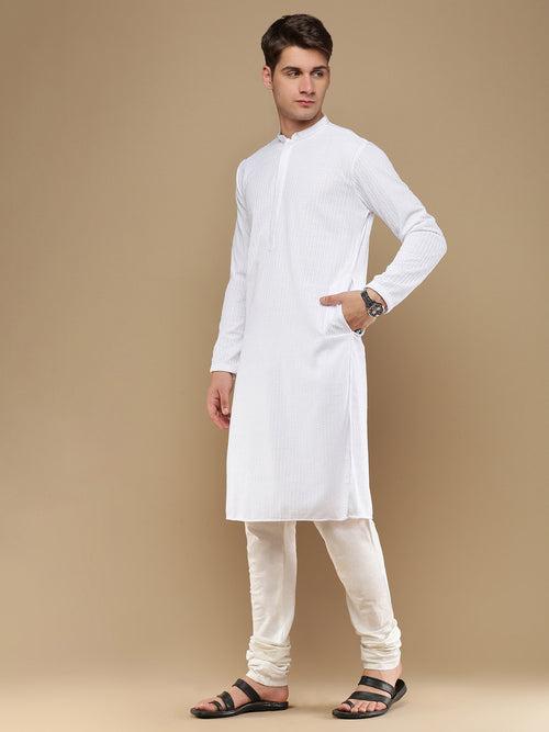 Unleash Your Style With Men's White Cotton Chikankari Designer Kurta Set by Sanwara