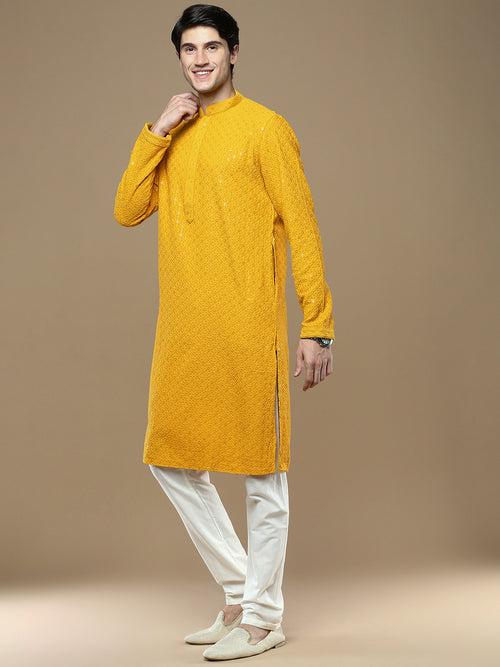 Sanwara Mustard Shimmering Elegance Men's Chikankari with Sequins Kurta Set