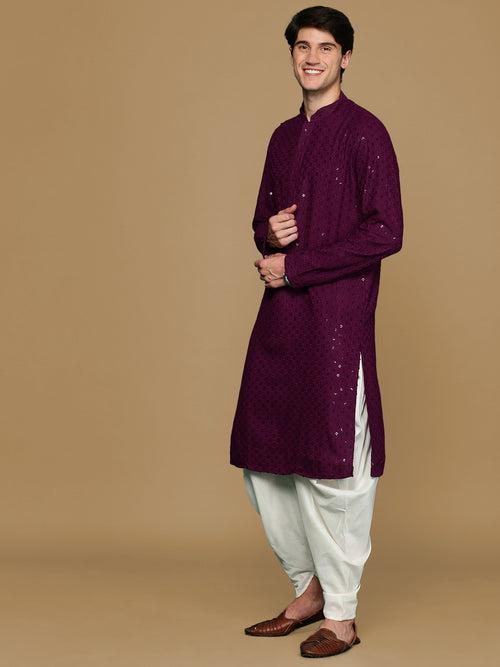 Sanwara Purple Shimmering Elegance Men's Chikankari with Sequins Kurta Set