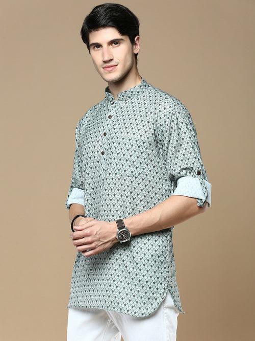 Sanwara Men's Cotton Green Printed Trendy Stylish Short Kurta