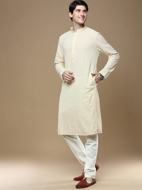 Sanwara Off White Shimmering Elegance Men's Chikankari with Sequins Kurta Set