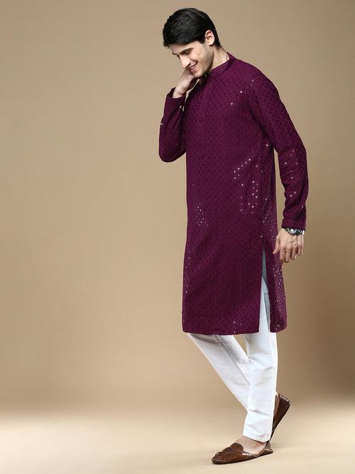 Sanwara Purple Shimmering Elegance Men's Chikankari with Sequins Kurta Set