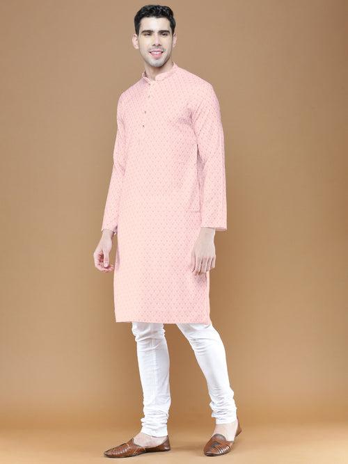 Men's Cotton Light Pink Printed Cotton Summer Trendy Kurta Set