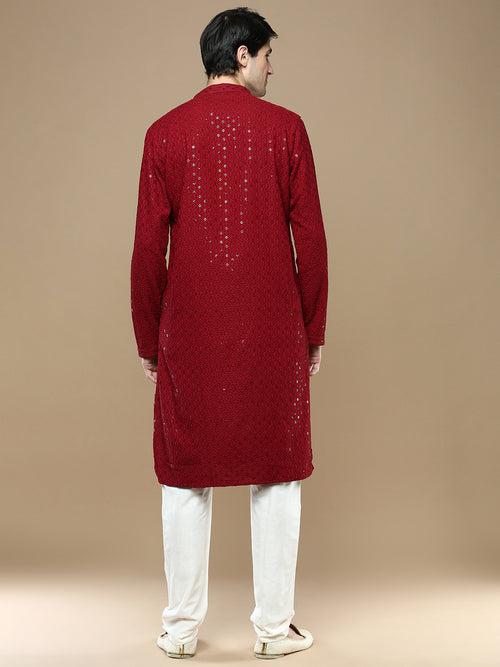 Sanwara Maroon Shimmering Elegance Men's Chikankari with Sequins Kurta Set