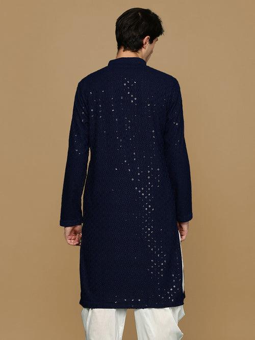 Sanwara Blue Shimmering Elegance Men's Chikankari Kurta with Sequins