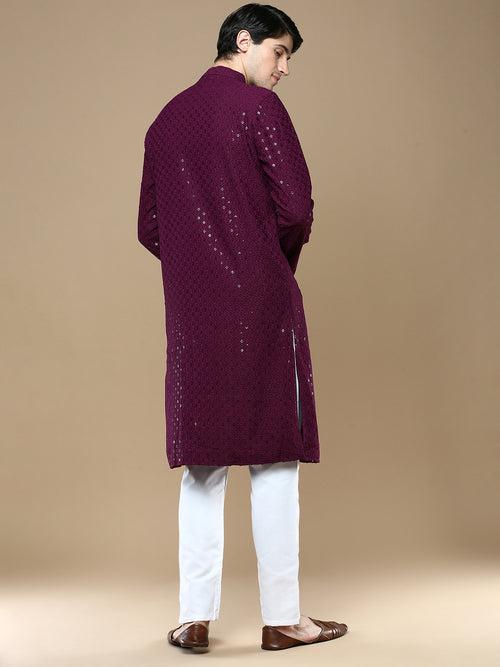 Sanwara Purple Shimmering Elegance Men's Chikankari with Sequins Kurta Set