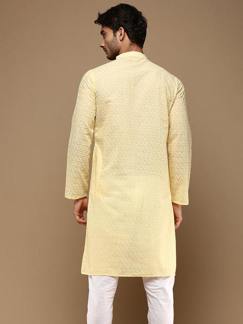 Chic & Classic Men's Solid Light Yellow Chikankari Designer Cotton Kurta By Sanwara