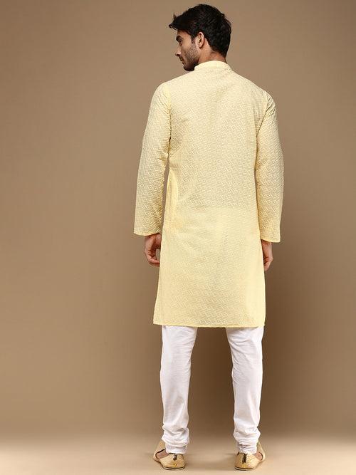 Chic & Classic Men's Solid Light Yellow Chikankari Designer Cotton Kurta Set By Sanwara