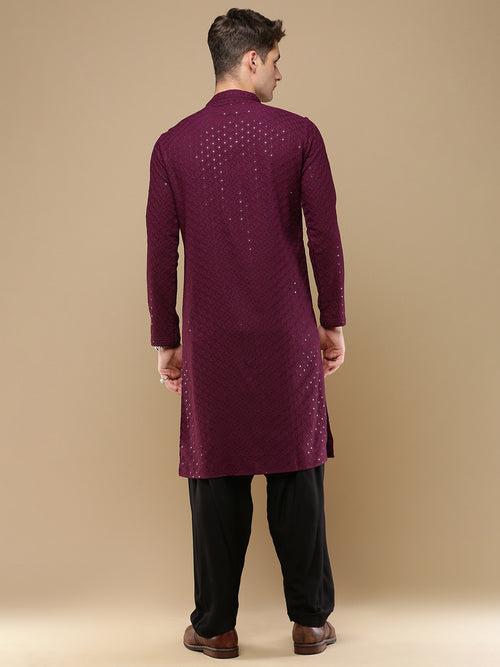 Unleash Your Style With Men's Wine Cotton Sequins Kurta Set by Sanwara