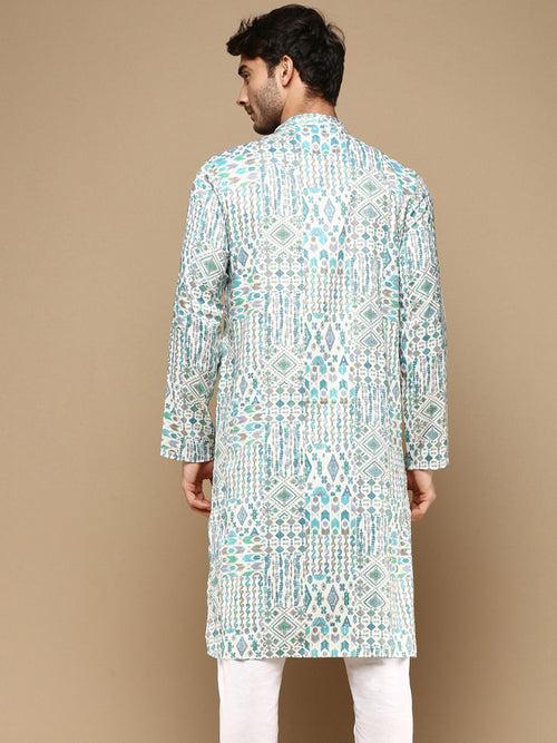 Sanwara Men's Trendy Motifs Firozi Printed Cotton Stylish Kurta