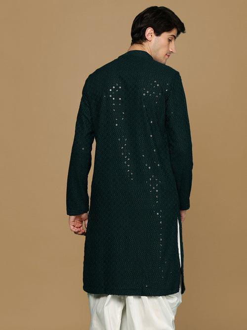 Sanwara Deep Green Shimmering Elegance Men's Chikankari Kurta with Sequins