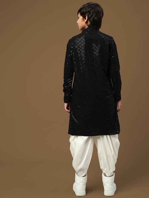 Dapper & Dazzling Boys Solid Black Chikankari With Sequins Party Wear Cotton Kurta Set By Sanwara