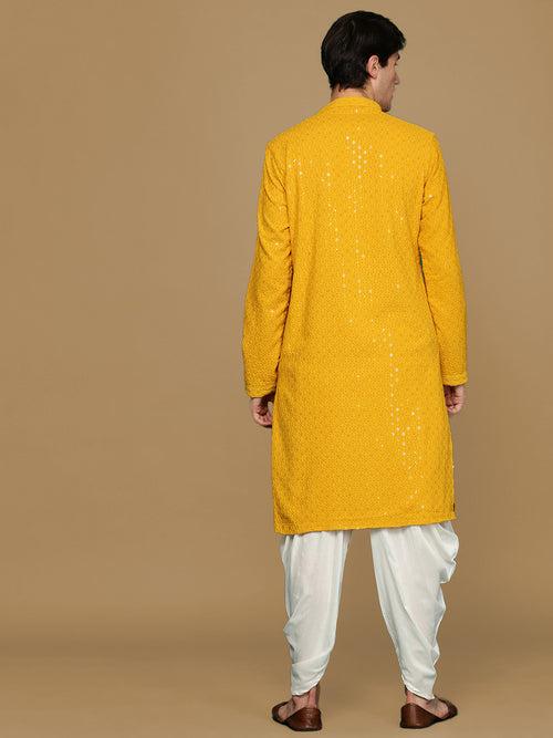 Sanwara Mustard Shimmering Elegance Men's Chikankari with Sequins Kurta Set