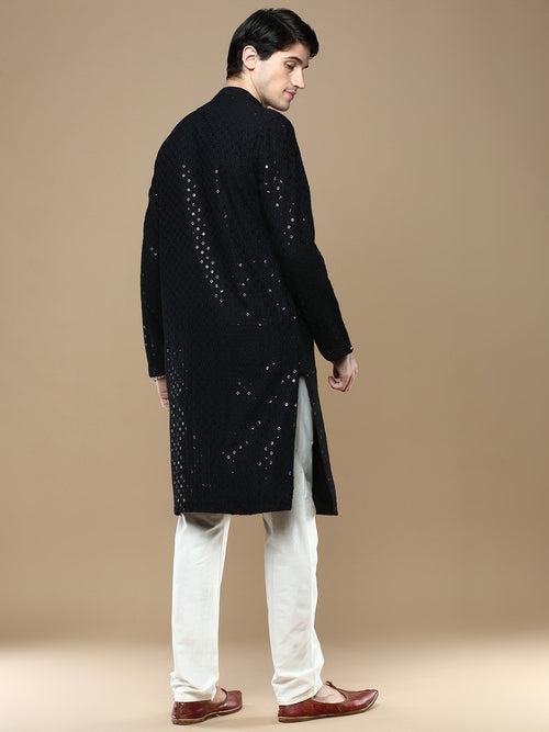 Sanwara Black Shimmering Elegance Men's Chikankari with Sequins Kurta Set