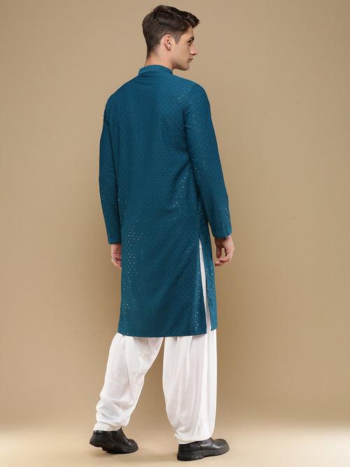 Unleash Your Style With Men's Firozi Cotton Sequins Kurta Set by Sanwara