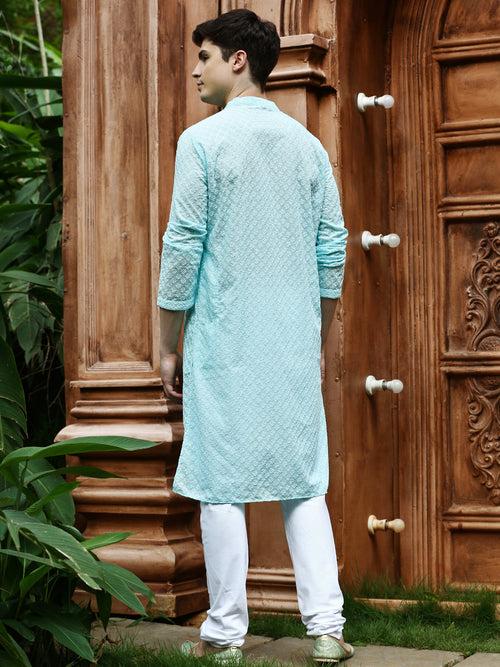 Men's Solid Sea Green Chikankari Designer Cotton Kurta With Pyjamas by Sanwara