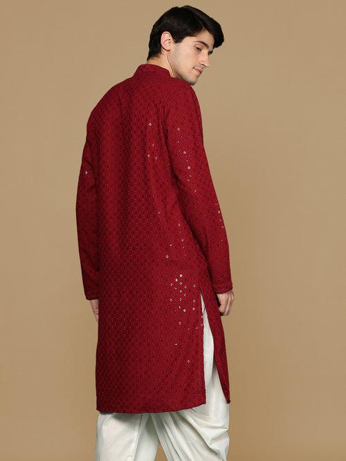 Sanwara Maroon Shimmering Elegance Men's Chikankari Kurta with Sequins