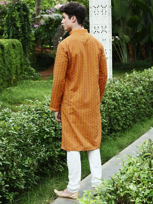 Men's Designer Mustard Coloured Chikankari Work Wedding Collection Kurta With Pyjamas By Sanwara