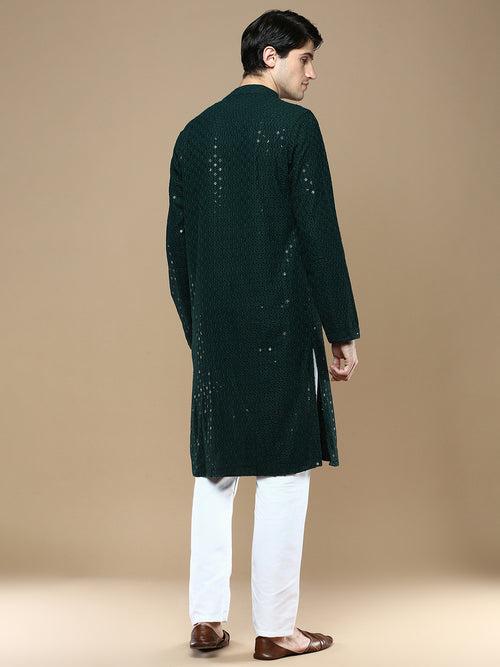 Sanwara Deep Green Shimmering Elegance Men's Chikankari with Sequins Kurta Set