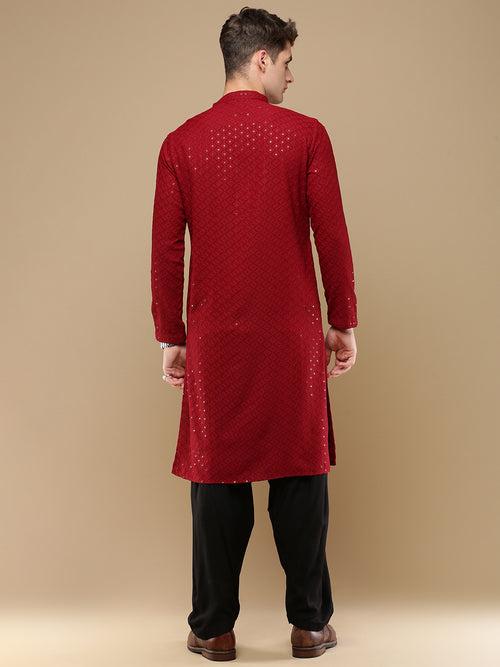 Unleash Your Style With Men's Maroon Cotton Sequins Kurta Set by Sanwara