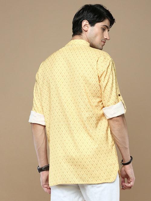 Sanwara Men's Cotton Light Yellow Printed Trendy Stylish Short Kurta
