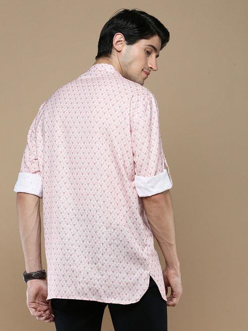 Sanwara Men's Cotton Pink Printed Trendy Stylish Short Kurta